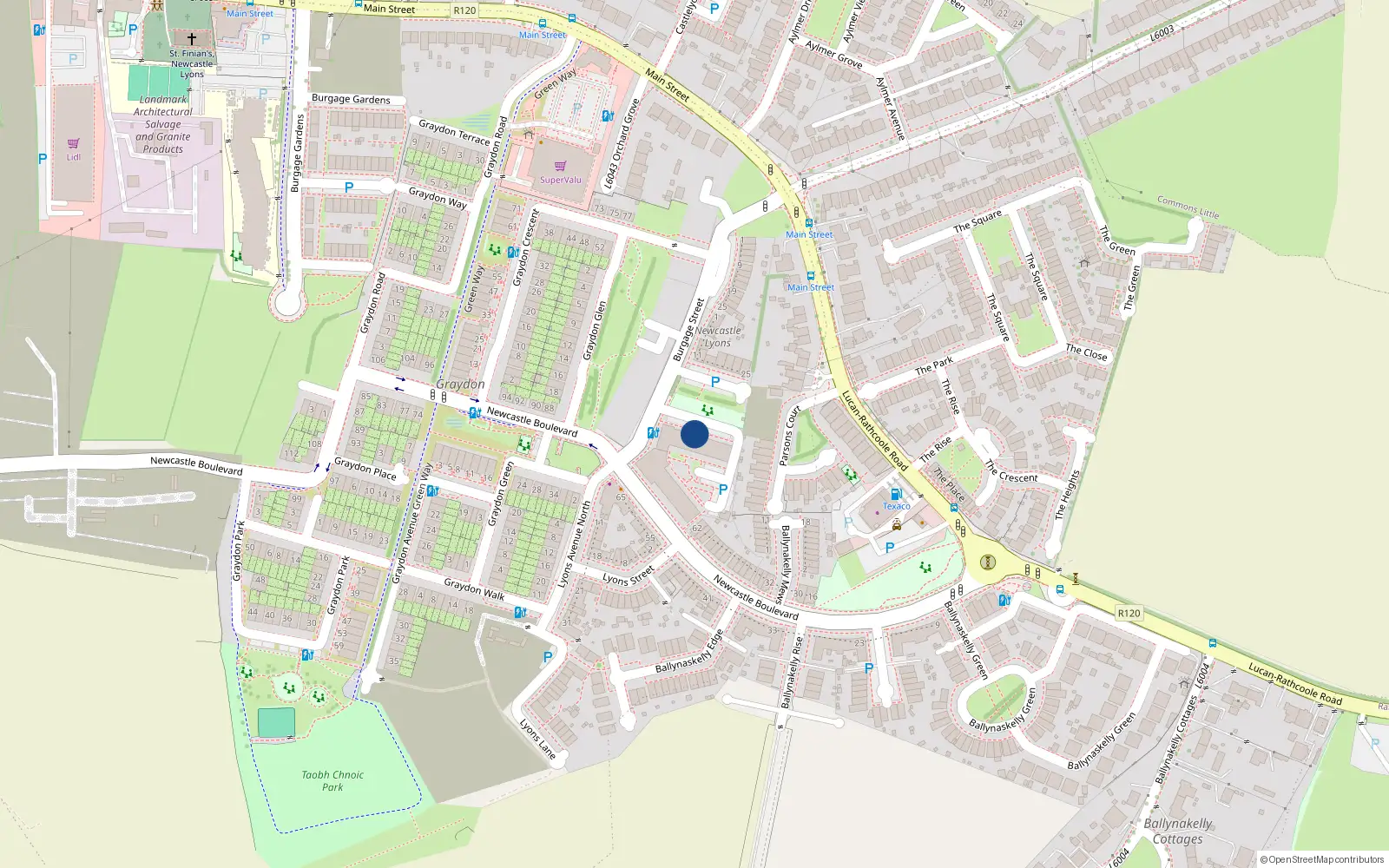 Overhead map showing the location of 14 Burgage Green, Newcastle South
