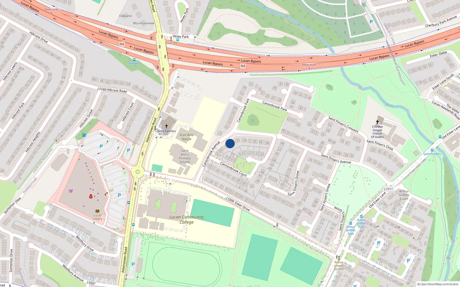 Overhead map showing the location of 14 Cannonbrook Court, Lucan