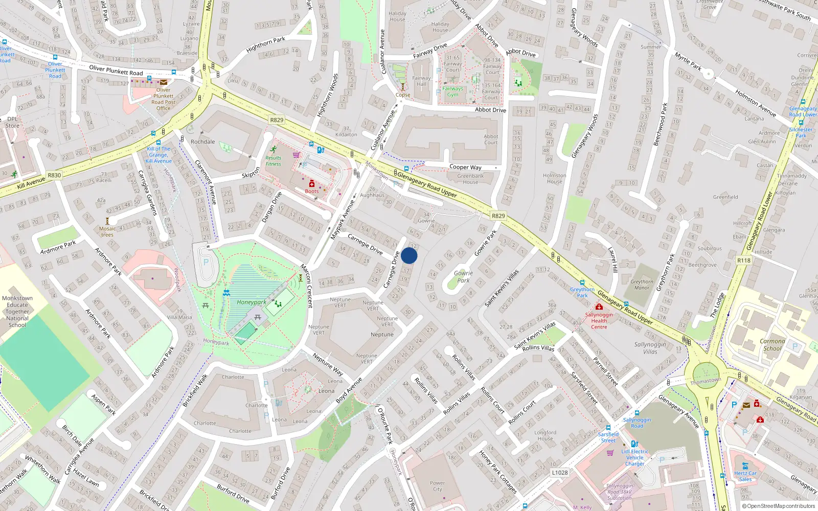 Overhead map showing the location of 14 Carnegie Drive, Dun Laoghaire