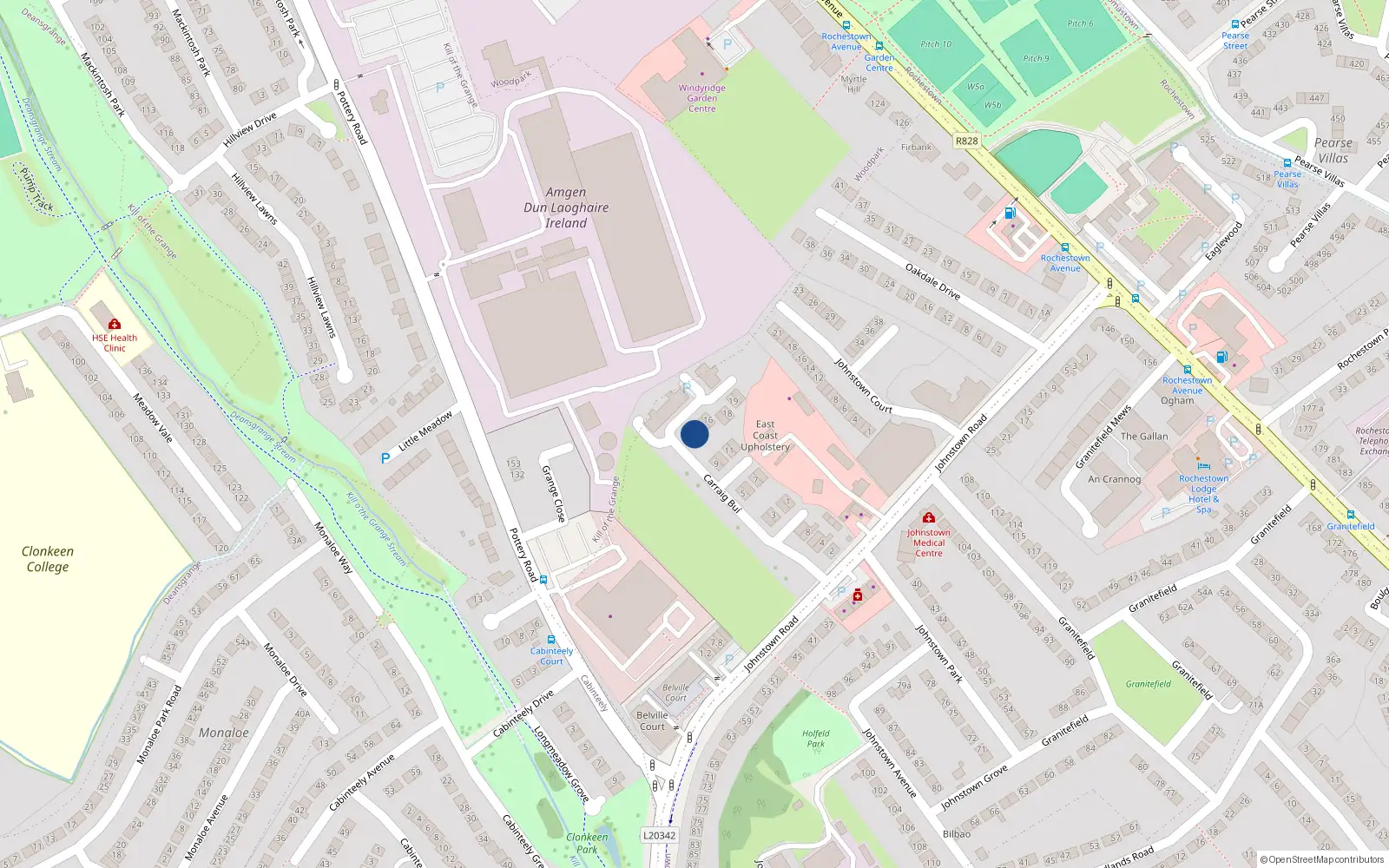 Overhead map showing the location of 14 Carraig Bui, Baile Átha Cliath