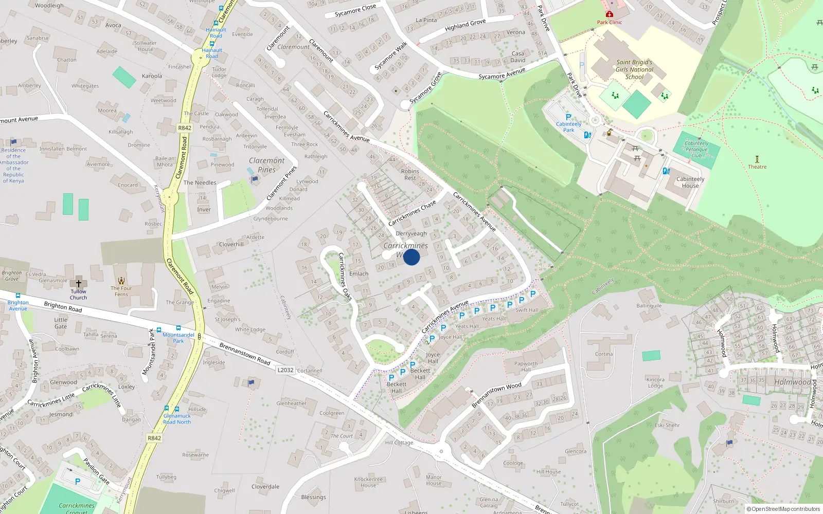 Overhead map showing the location of 14 Carrickmines Chase, Foxrock