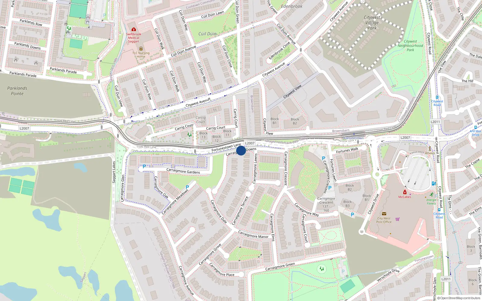 Overhead map showing the location of 14 Carrigmore Downs, Dublin