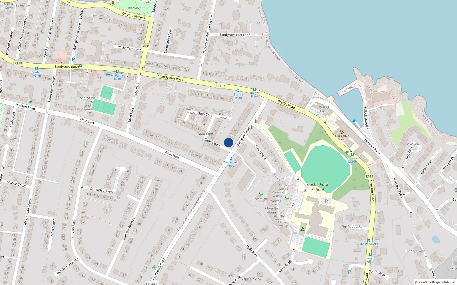 Overhead map showing the location of 14 Castle Park Road, Sandycove, Dublin