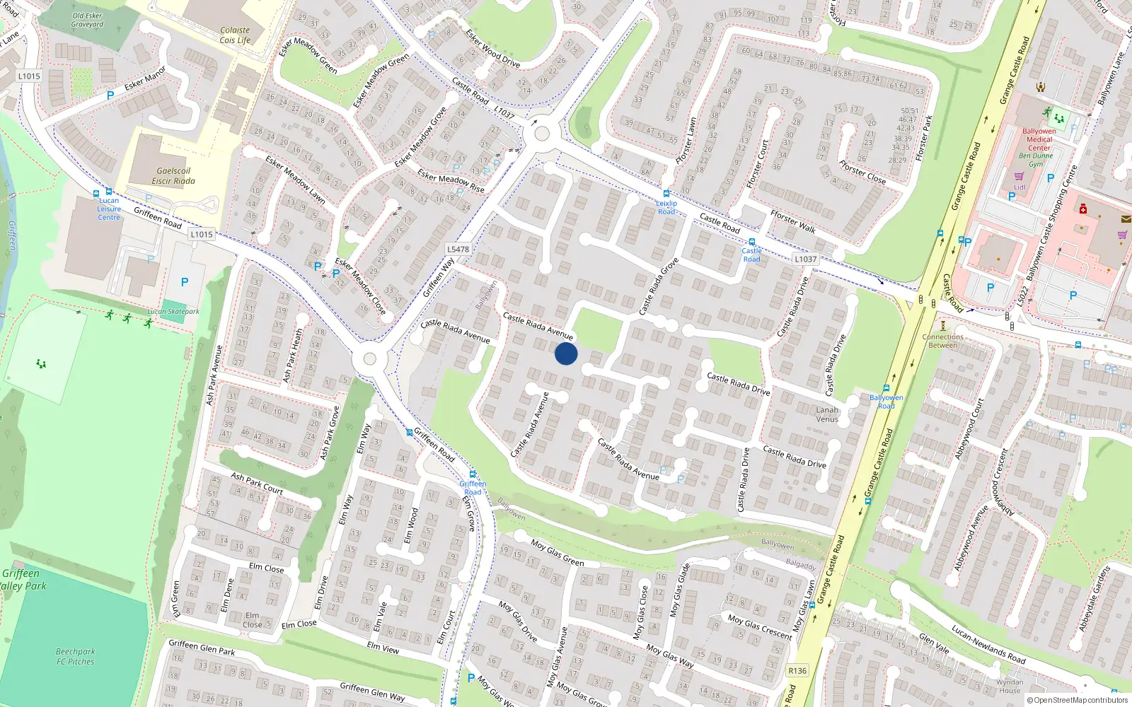 Overhead map showing the location of 14 Castle Riada Avenue, Lucan, Dublin
