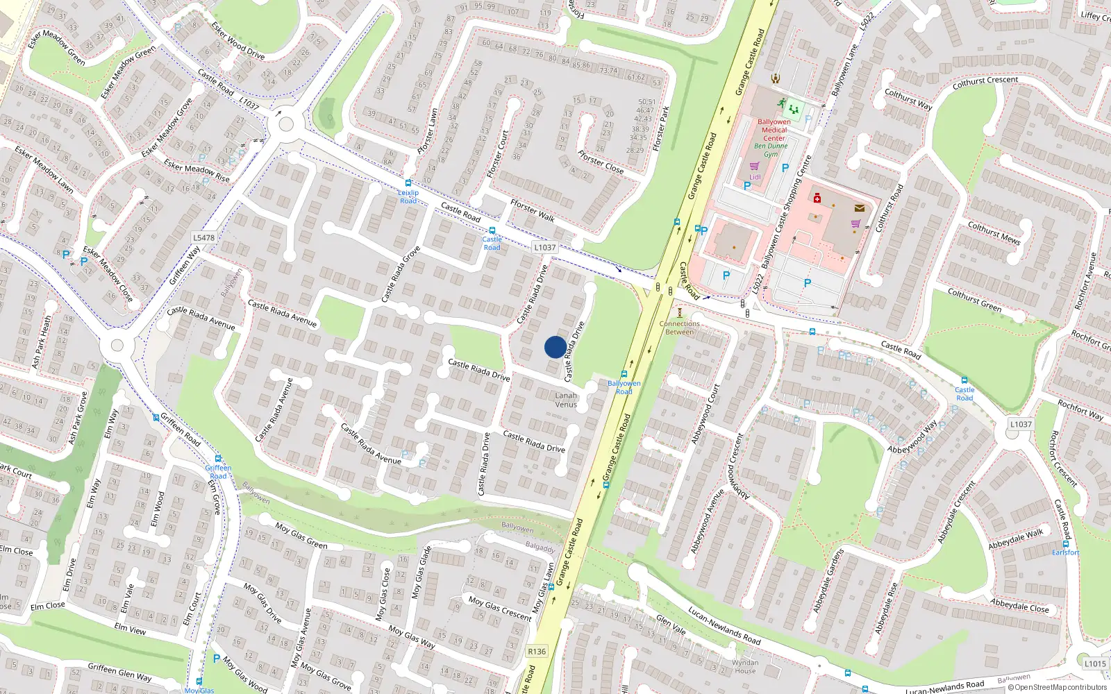 Overhead map showing the location of 14 Castle Riada Drive, Lucan
