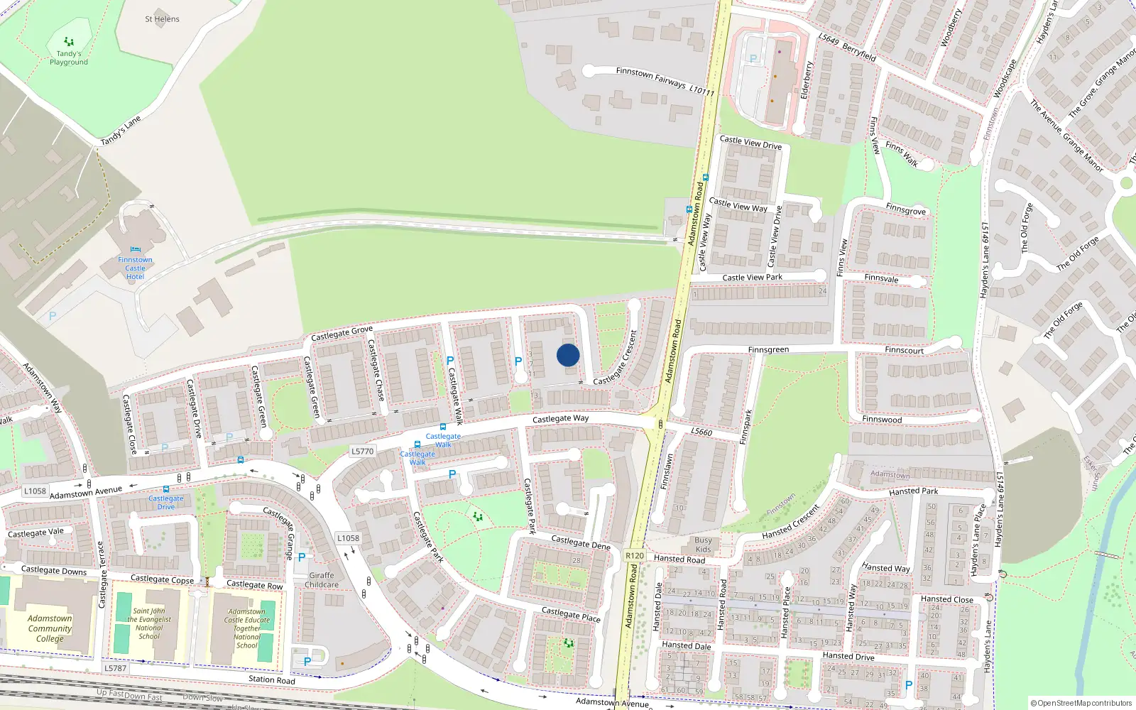 Overhead map showing the location of 14 Castlegate Crescent, Adamstown, Lucan