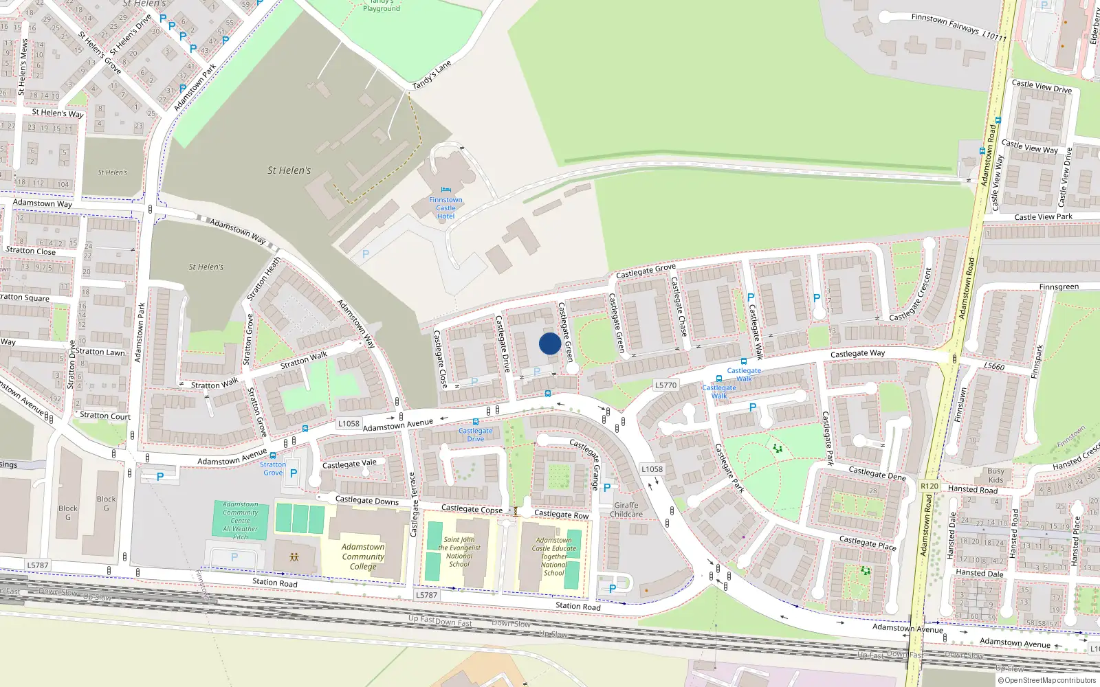 Overhead map showing the location of 14 Castlegate Green, Lucan