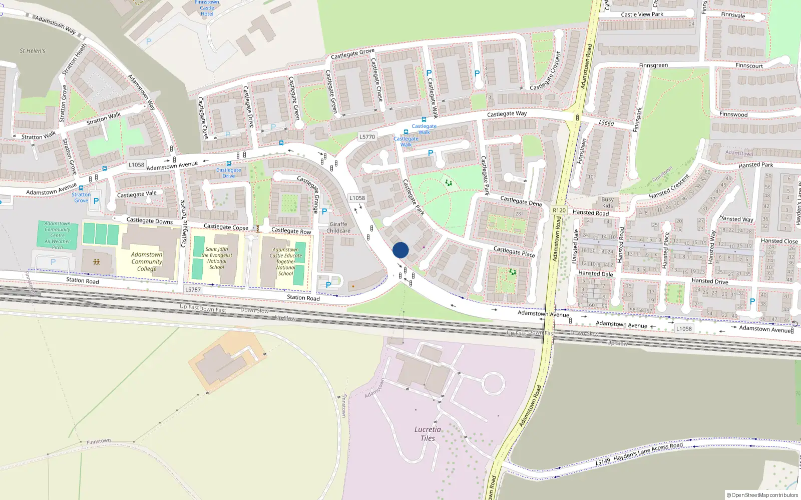 Overhead map showing the location of 14 Castlegate Lawn, Adamstown Castle, Lucan