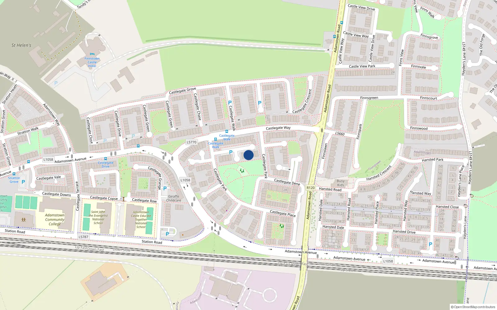 Overhead map showing the location of 14 Castlegate Park, Adamstown Castle, Adamstown