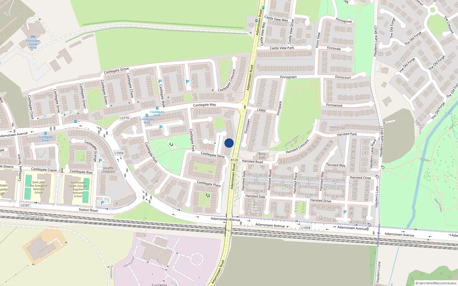 Overhead map showing the location of 14 Castlegate Square, Adamstown Castle, Lucan