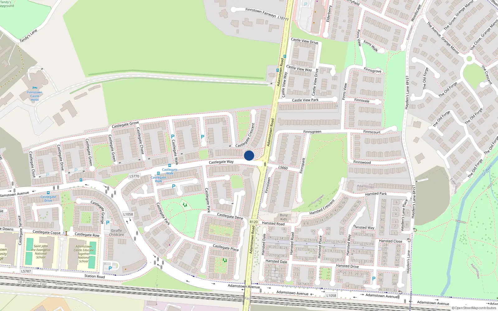 Overhead map showing the location of 14 Castlegate Way, Lucan