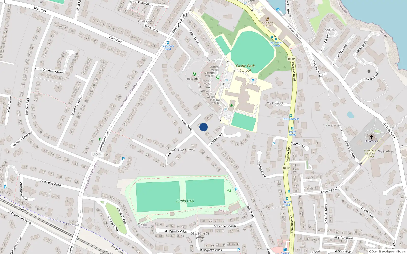 Overhead map showing the location of 14 Castlelands Grove, Dublin