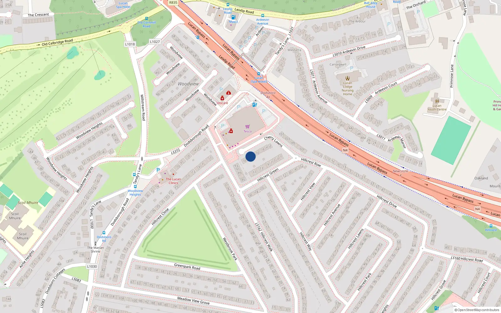 Overhead map showing the location of 14 Cherry Lawns, Lucan