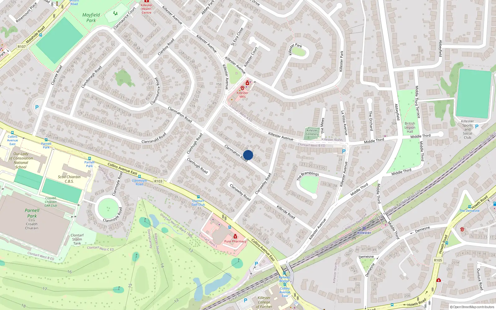 Overhead map showing the location of 14 Clanmahon Road, Donnycarney, Dublin 5