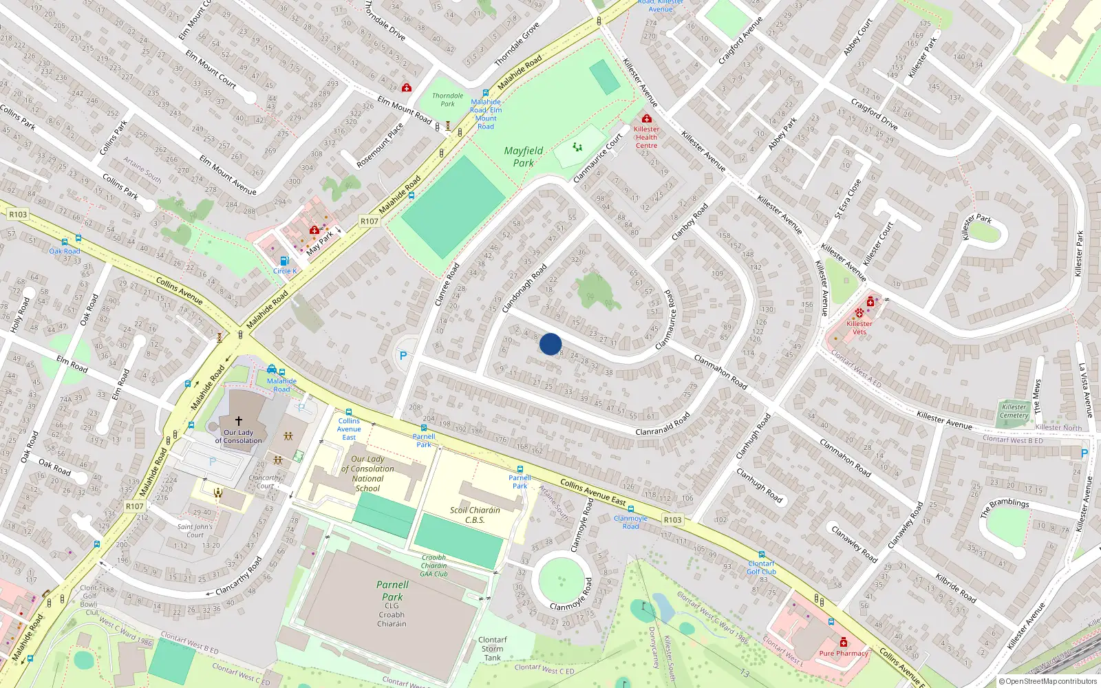 Overhead map showing the location of 14 Clanmaurice Road, Dublin 5
