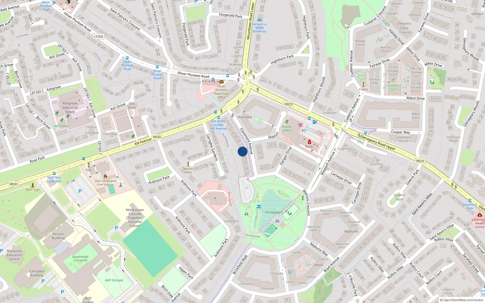 Overhead map showing the location of 14 Claremont Avenue, Dun Laoghaire