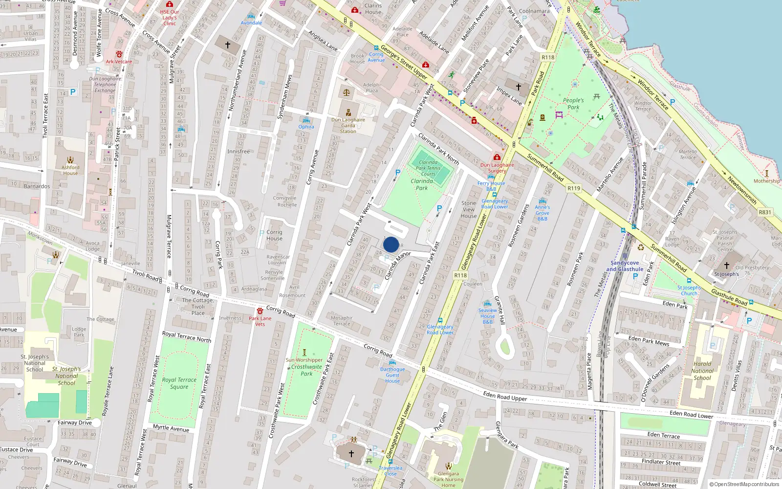 Overhead map showing the location of 14 Clarinda Park West, Dublin