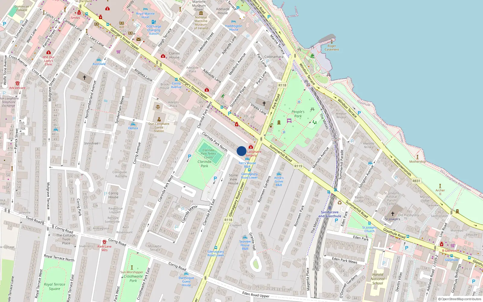 Overhead map showing the location of 14 Clarinda Park North, Dublin