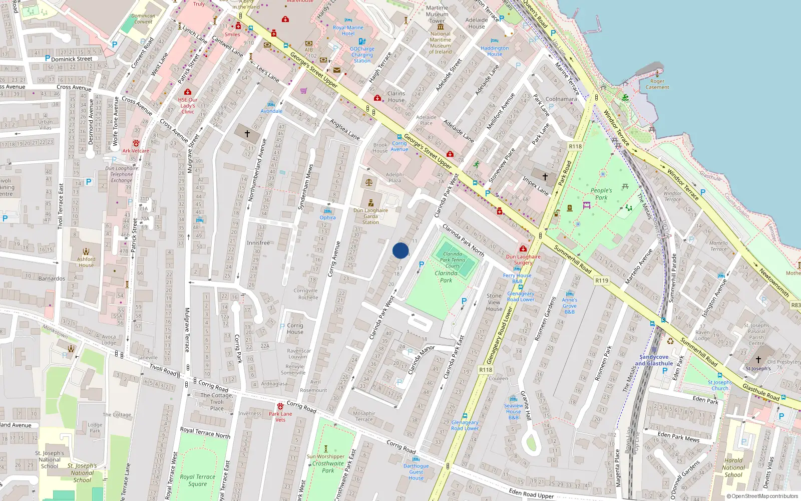 Overhead map showing the location of 14 Clarinda Park West, County Dublin