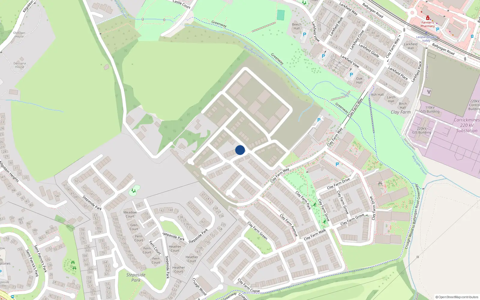 Overhead map showing the location of 14 Clay Farm Glade, Dublin 18