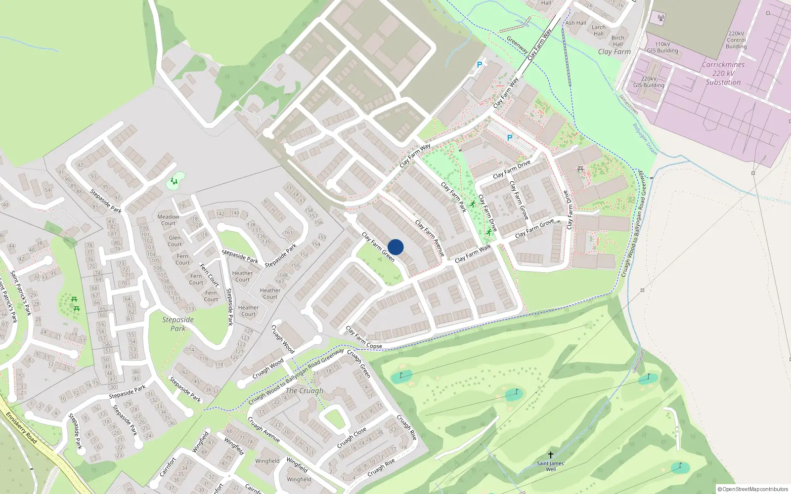 Overhead map showing the location of 14 Clay Farm Green, Kilgobbin