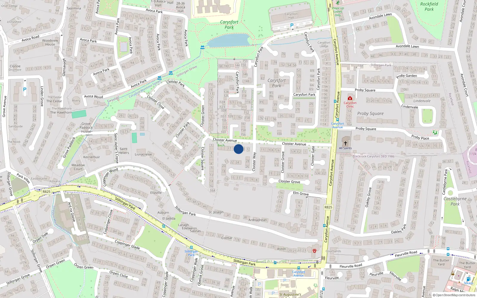 Overhead map showing the location of 14 Cloister Avenue, Blackrock, Dublin