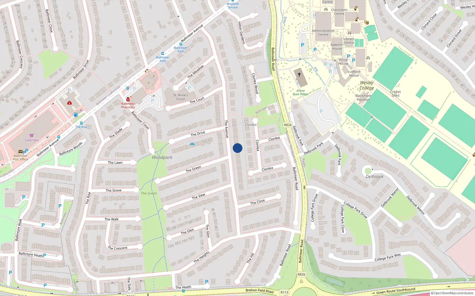 Overhead map showing the location of 14 Clonlea, Dublin 16