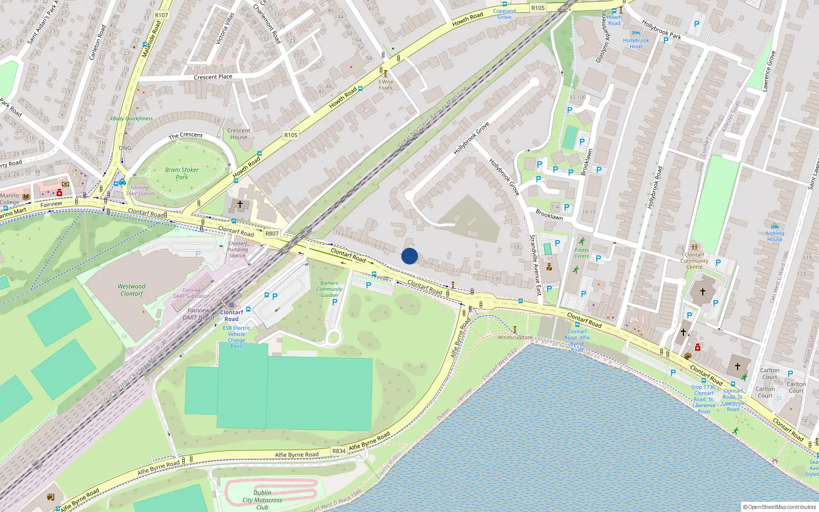 Overhead map showing the location of 14 Clontarf Road, Dublin 3