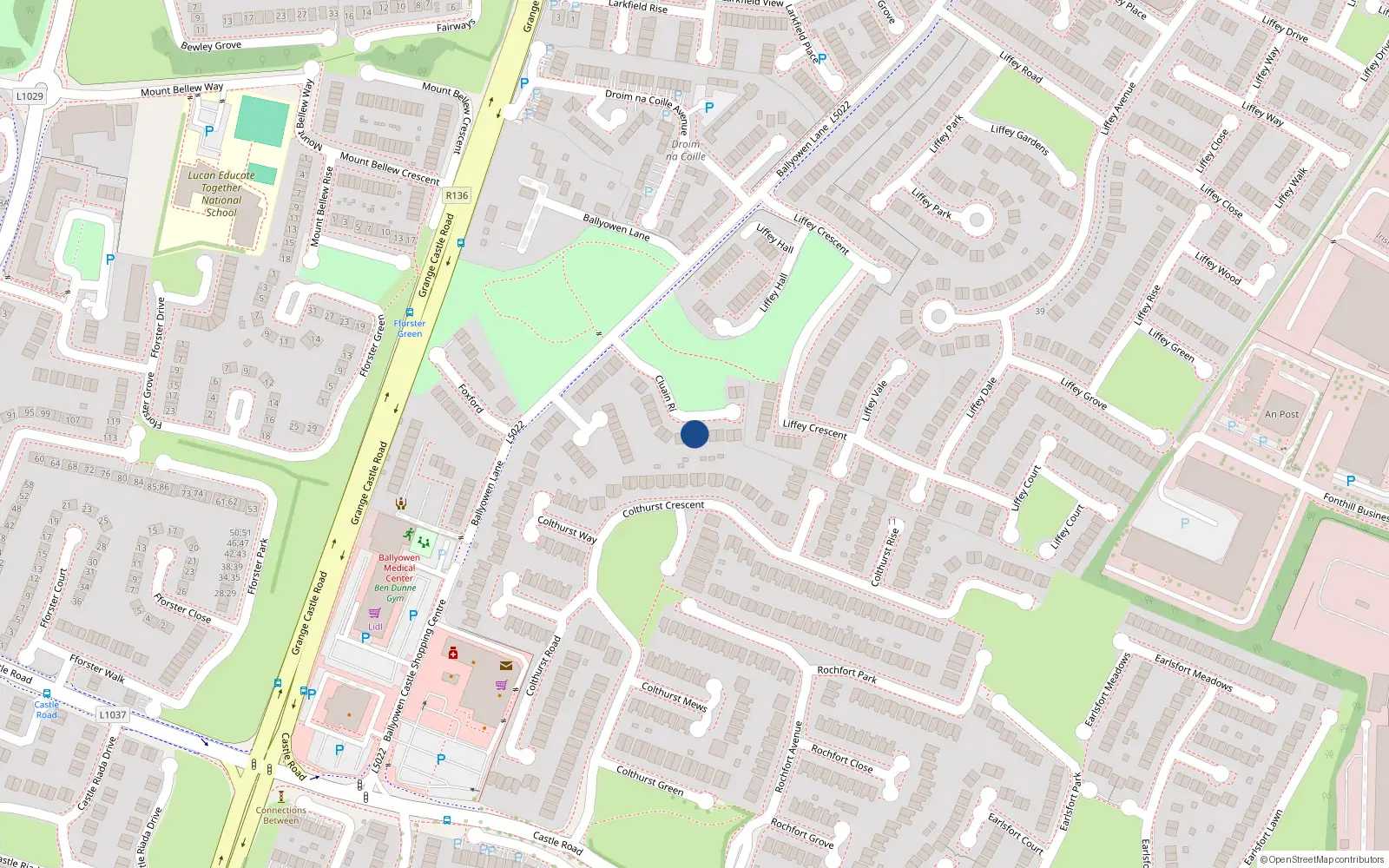 Overhead map showing the location of 14 Cluain Rí, Lucan