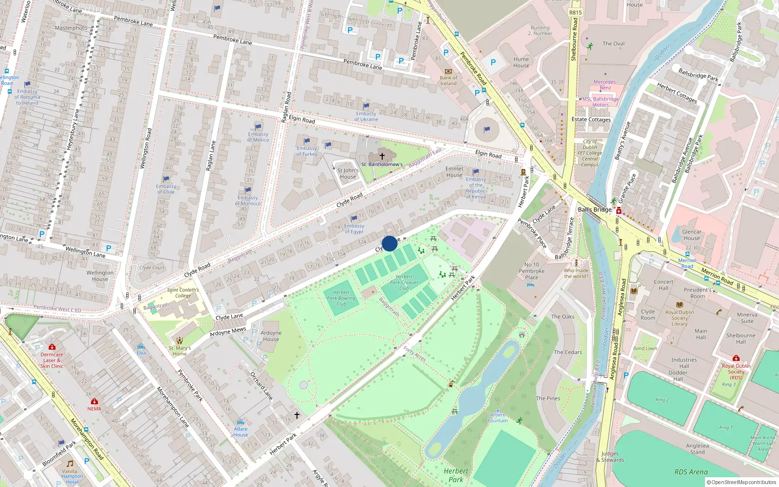Overhead map showing the location of 14 Clyde Lane, Dublin 4
