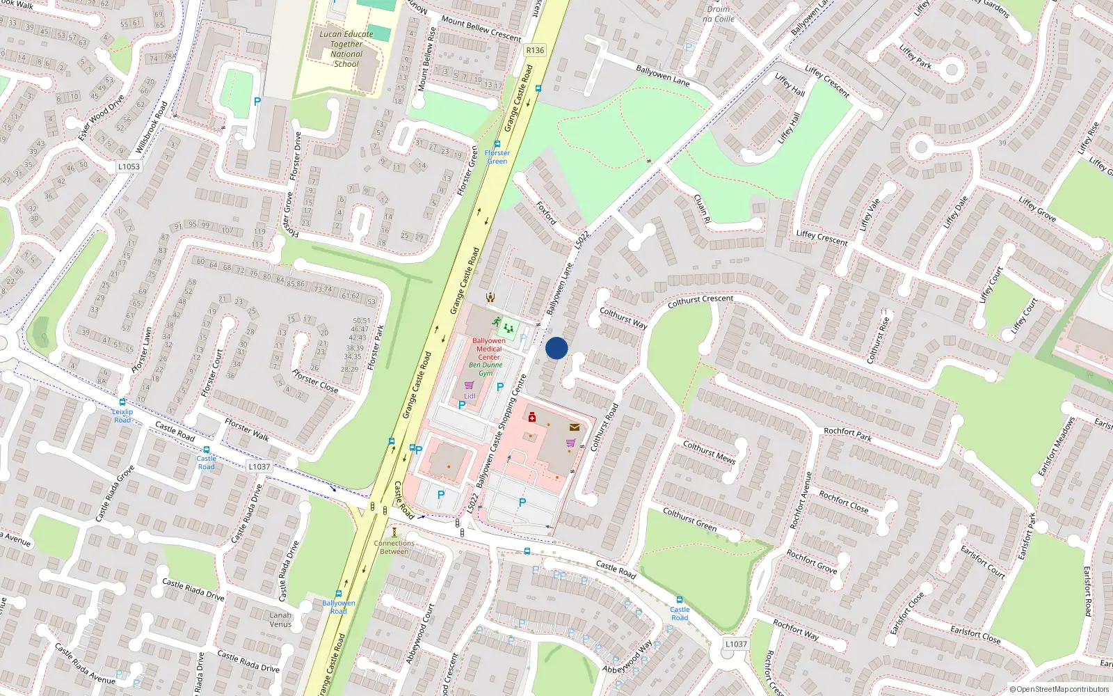Overhead map showing the location of 14 Colthurst Close, Lucan