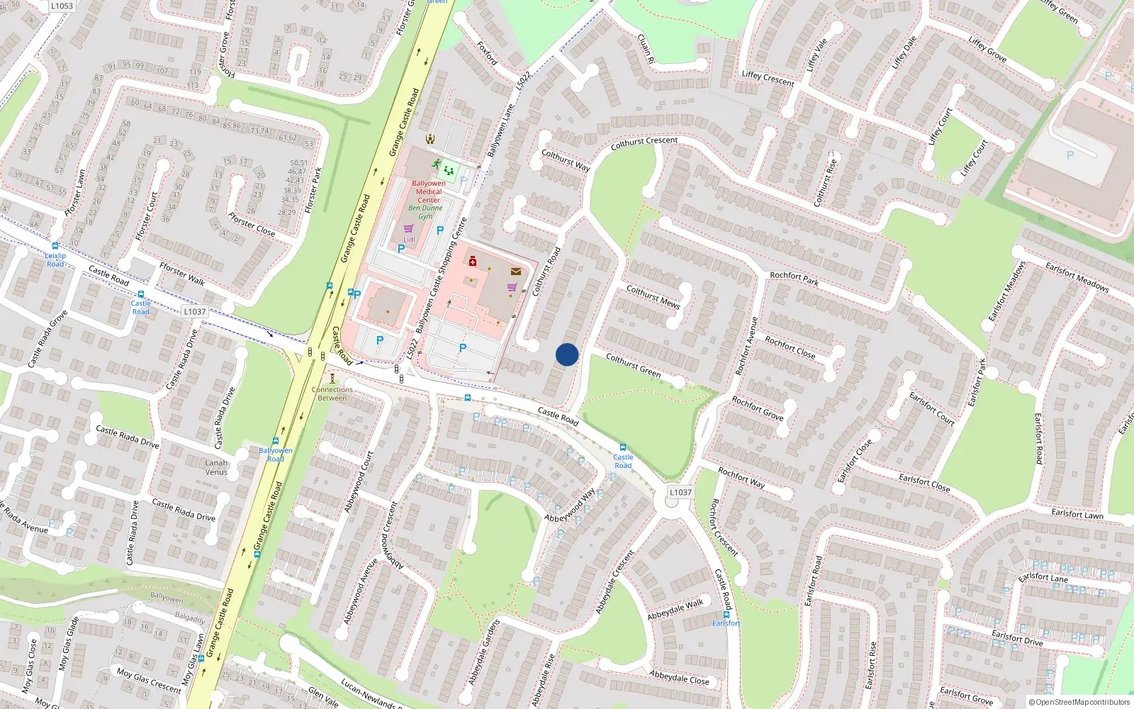 Overhead map showing the location of 14 Colthurst Crescent, Lucan