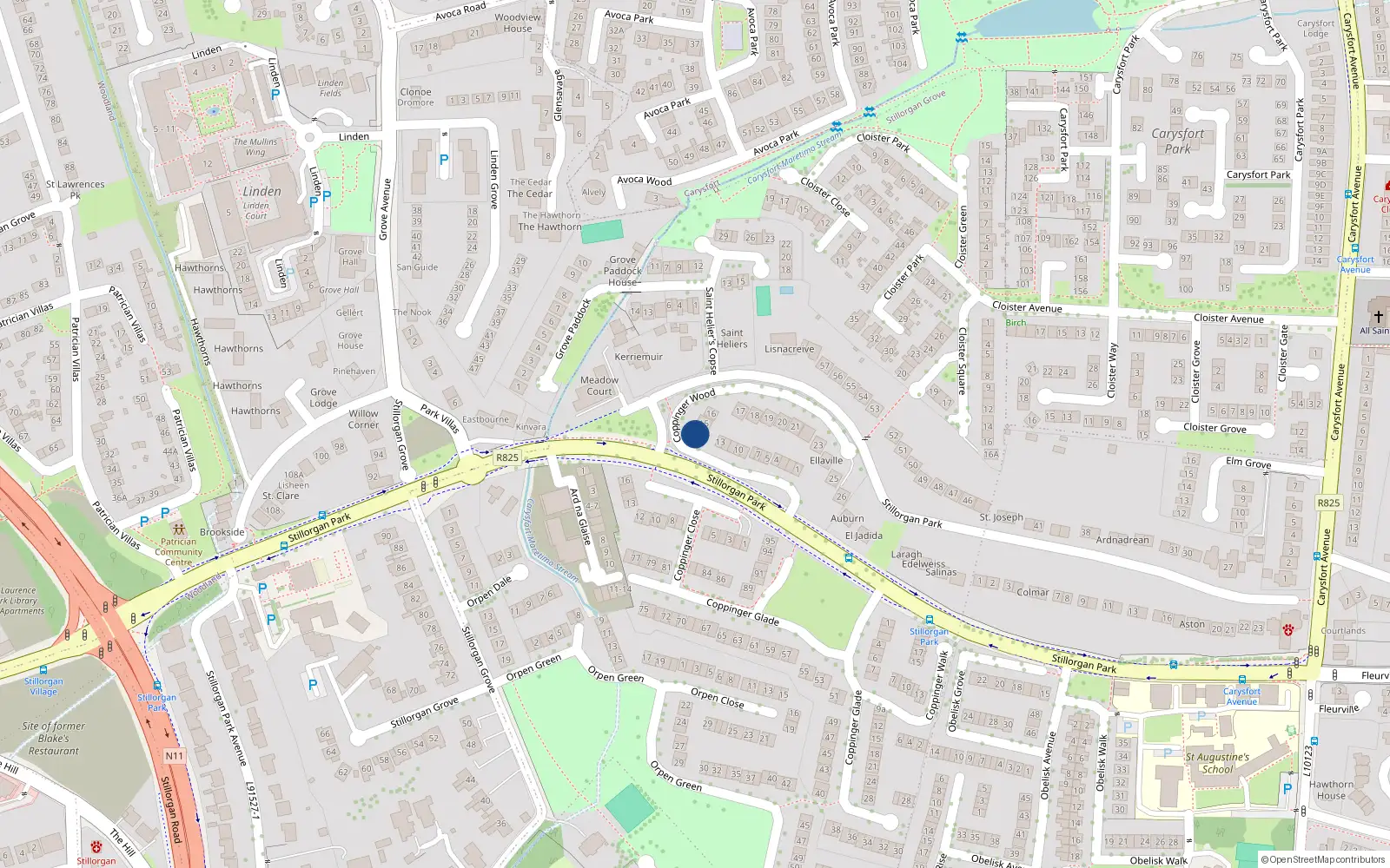 Overhead map showing the location of 14 Coppinger Wood, Stillorgan Park, Blackrock
