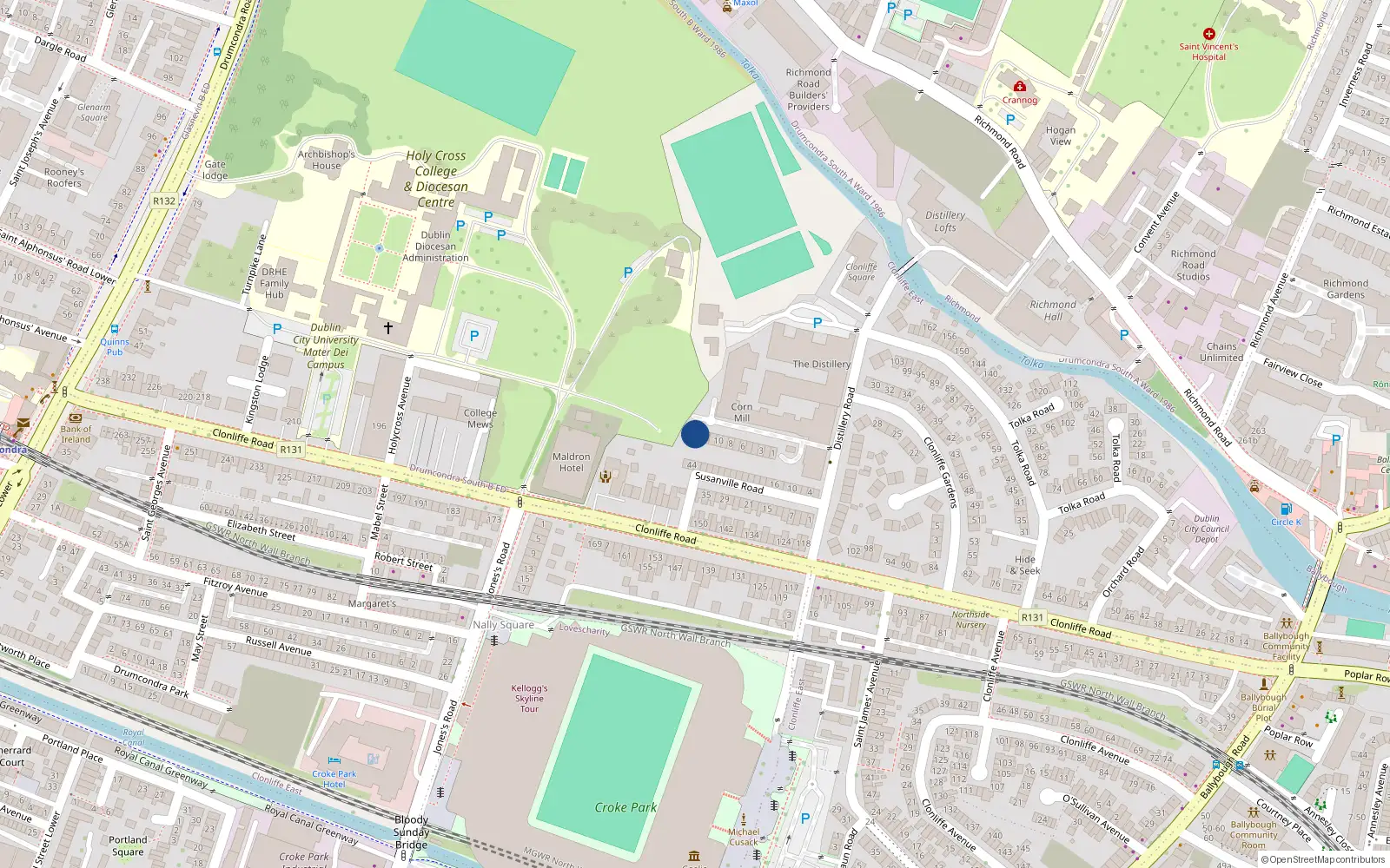 Overhead map showing the location of 14 Corn Mill Row, Distillery Road, Drumcondra