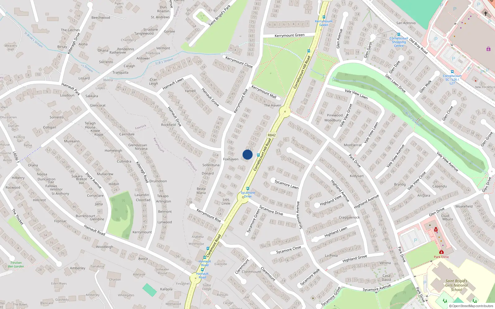 Overhead map showing the location of 14 Cornelscourt Hill Road, Dublin 18