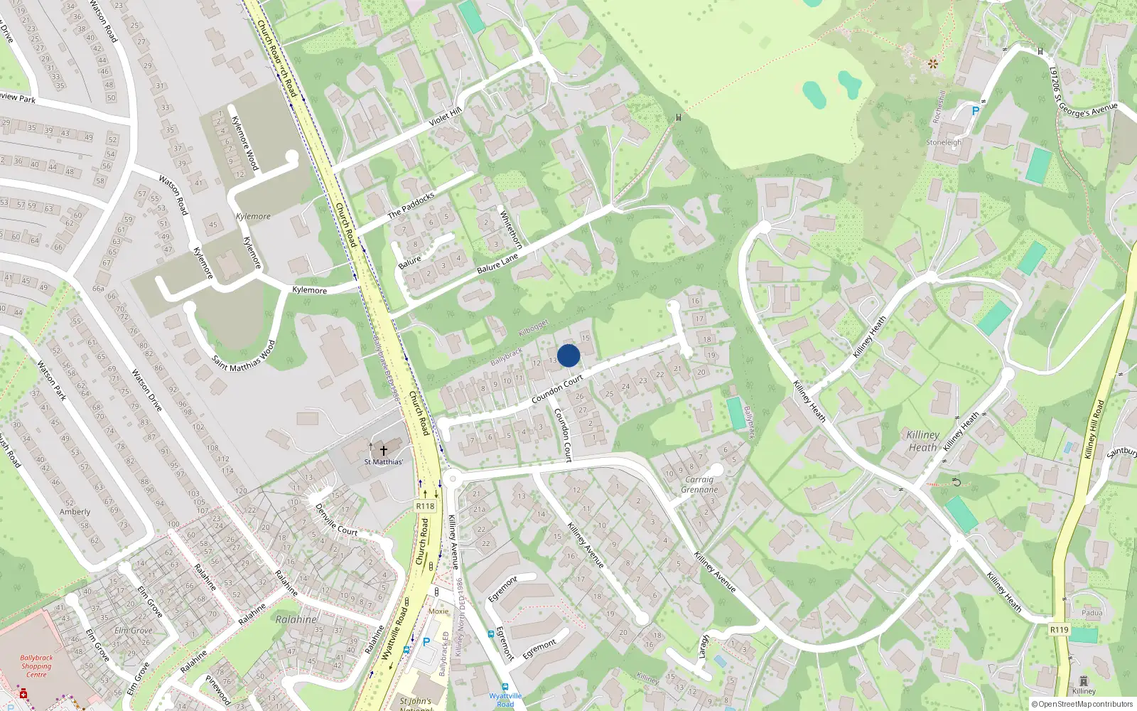 Overhead map showing the location of 14 Coundon Court, Killiney, County Dublin