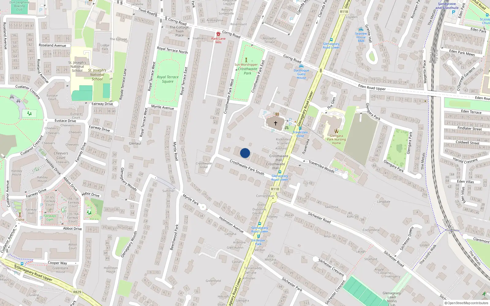 Overhead map showing the location of 14 Crosthwaite Park South, County Dublin