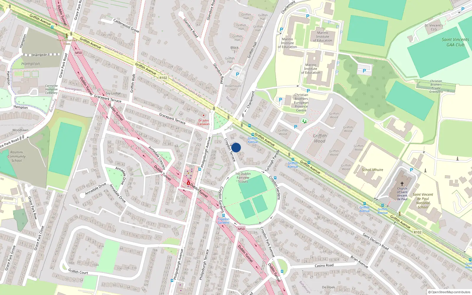 Overhead map showing the location of 14 Croydon Terrace, Dublin 3