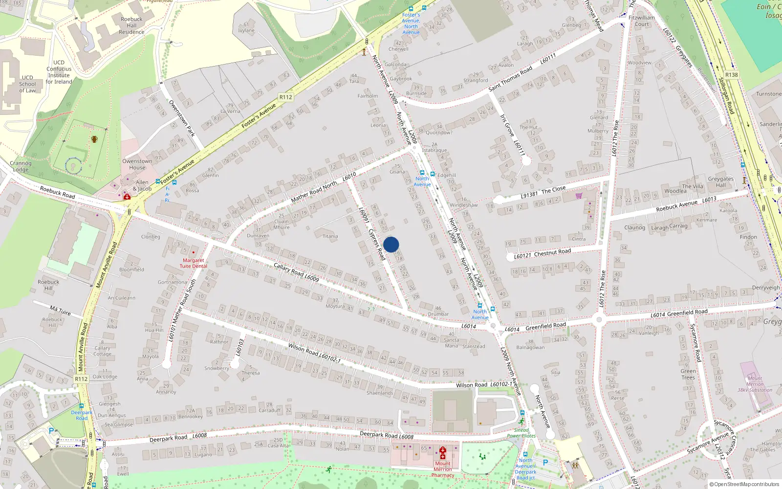 Overhead map showing the location of 14 Cypress Road, Mount Merrion, Co Dublin