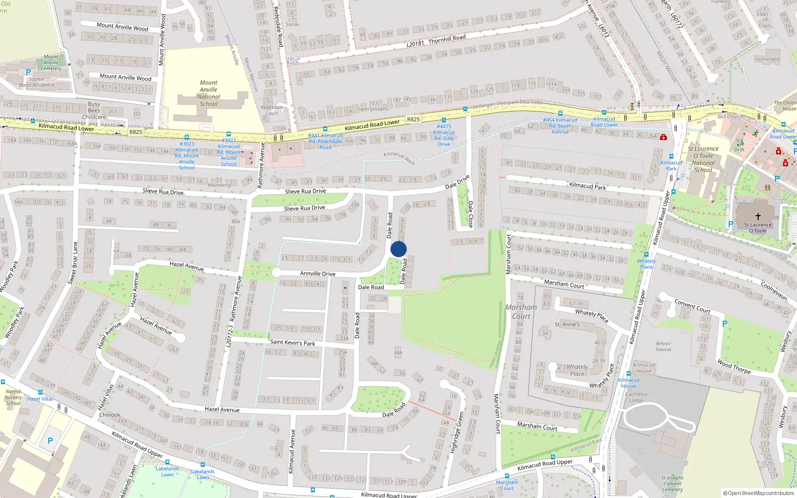 Overhead map showing the location of 14 Dale Road, Stillorgan, Blackrock