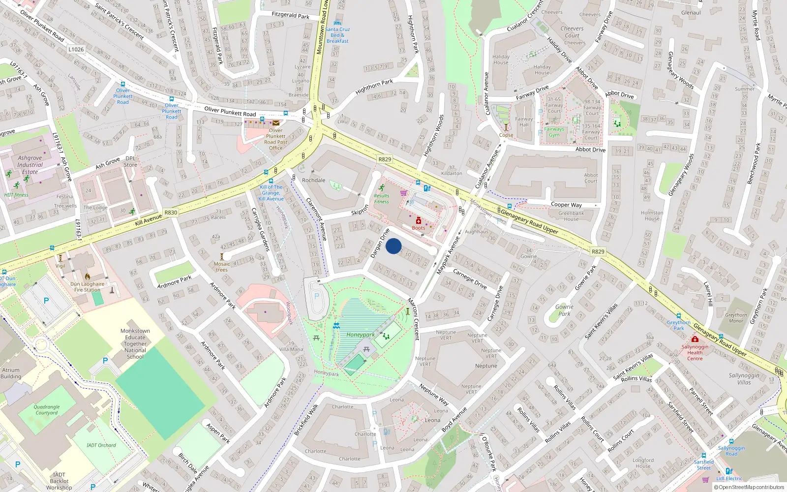Overhead map showing the location of 14 Dargan Drive, Dun Laoghaire