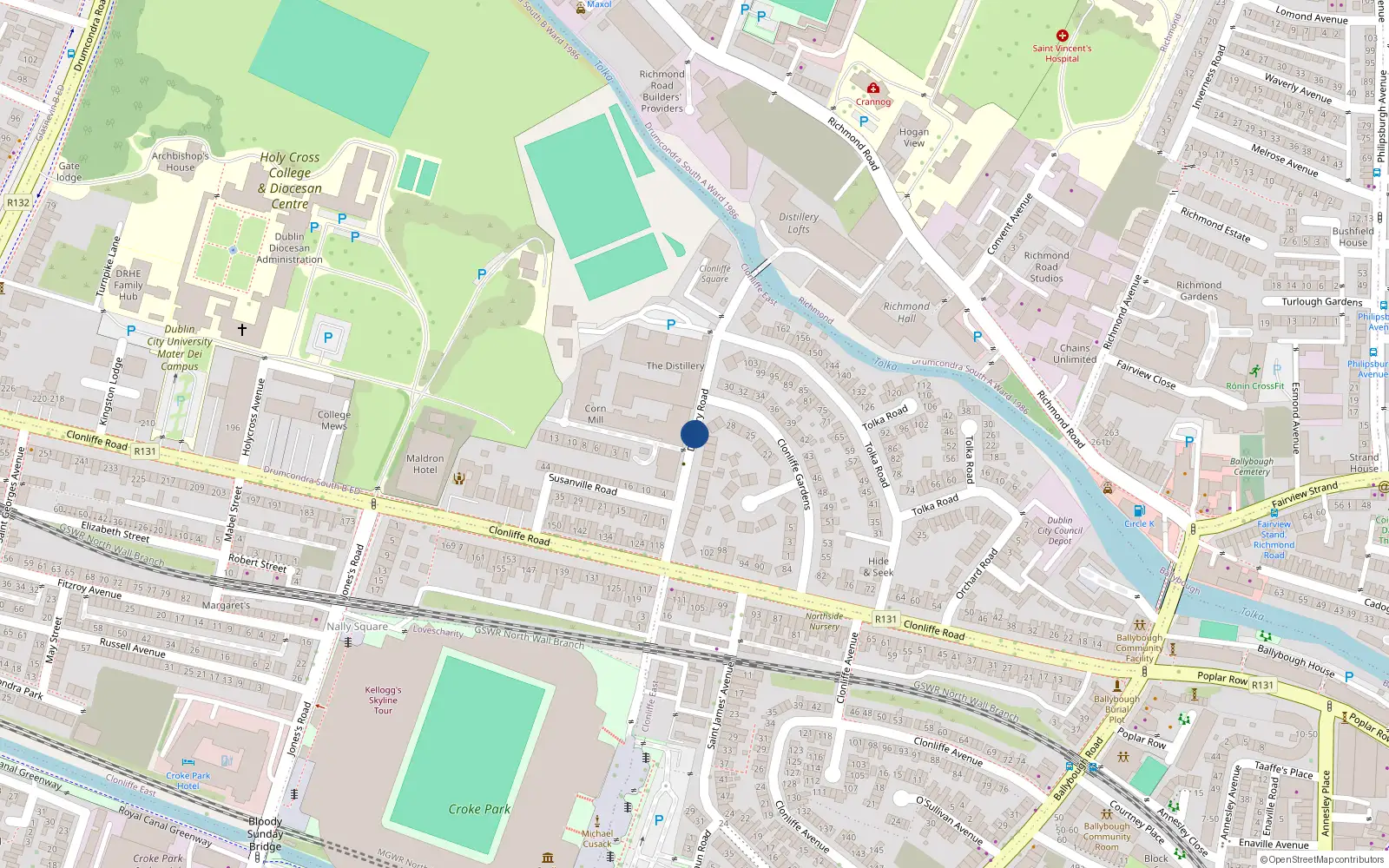 Overhead map showing the location of 14 Distillery Road, Dublin 3