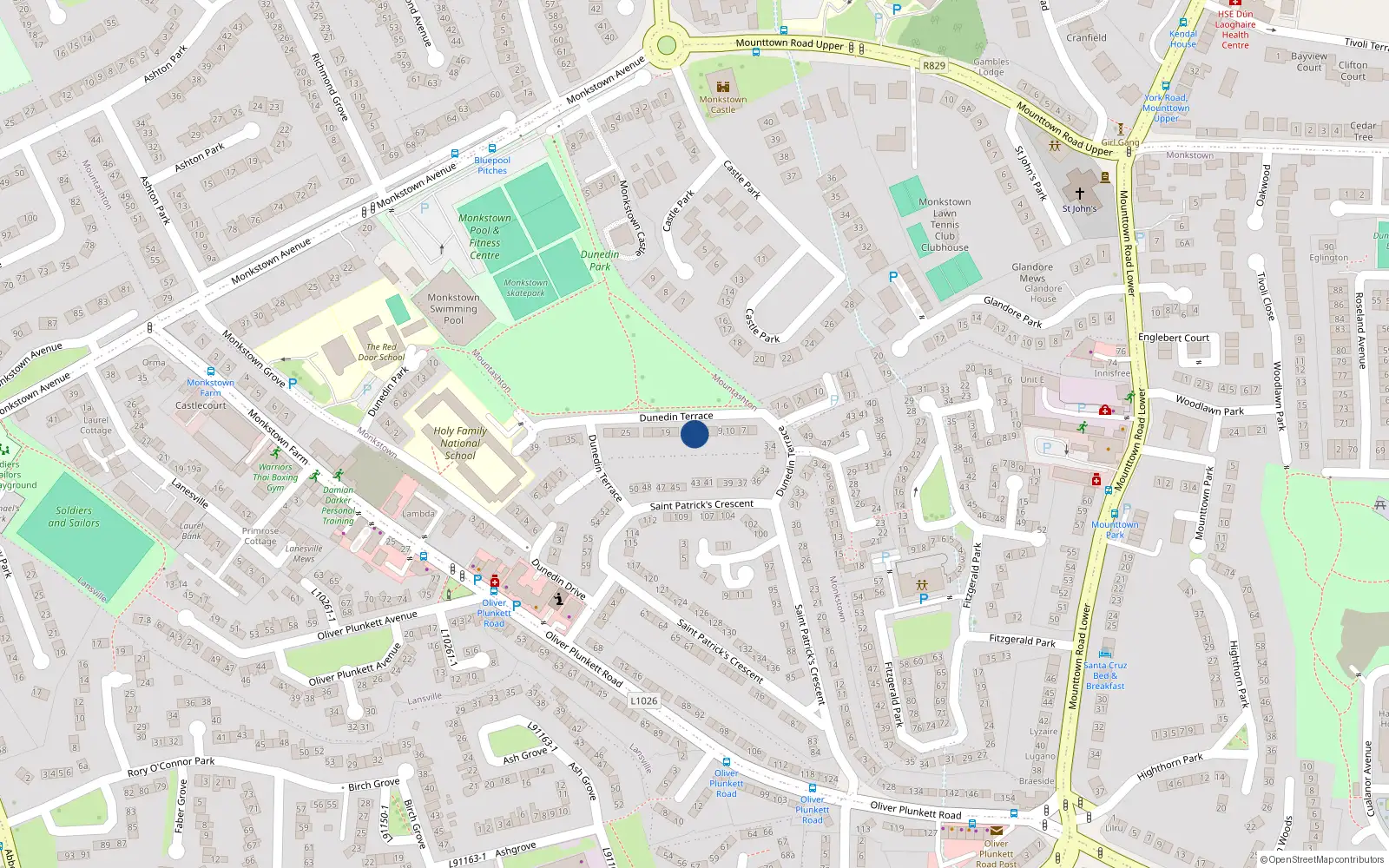 Overhead map showing the location of 14 Dunedin Terrace, Dun Laoghaire, Glenageary