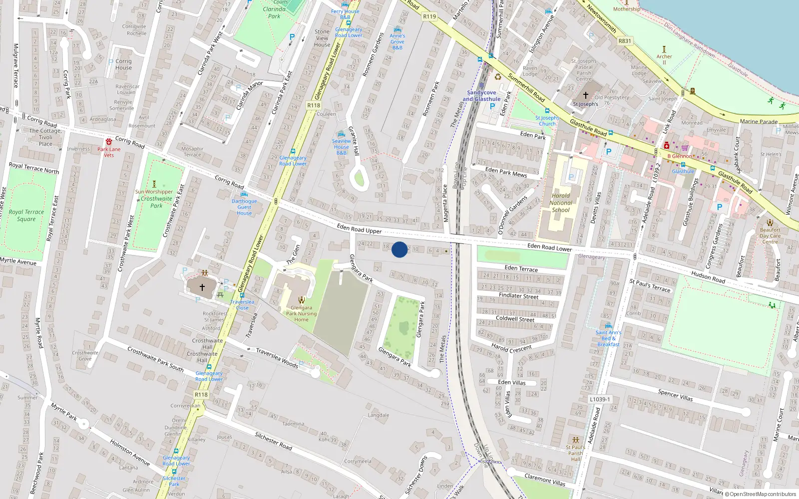 Overhead map showing the location of 14 Eden Road Upper, Glasthule, Sandycove