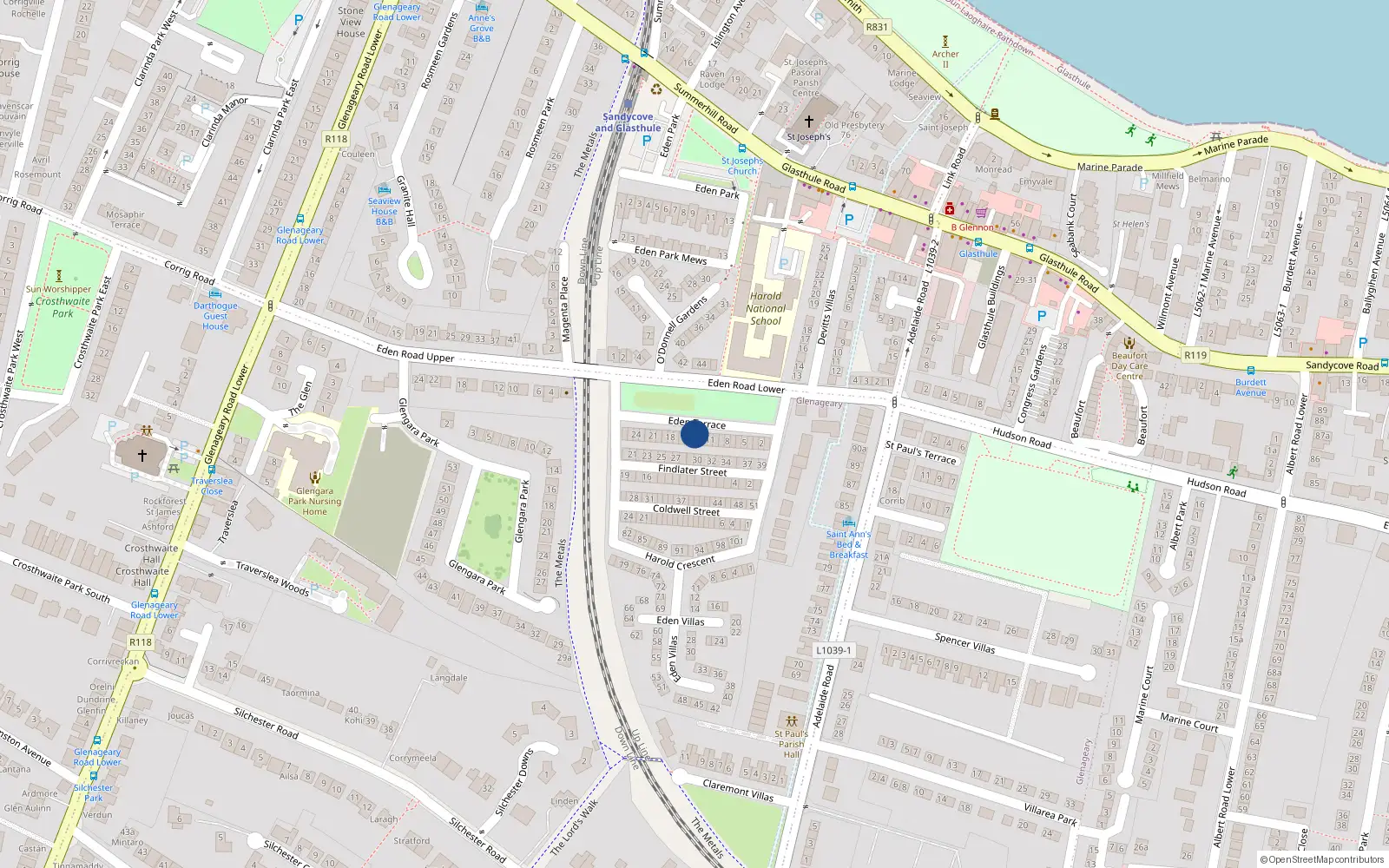 Overhead map showing the location of 14 Eden Terrace, Glasthule, Dublin