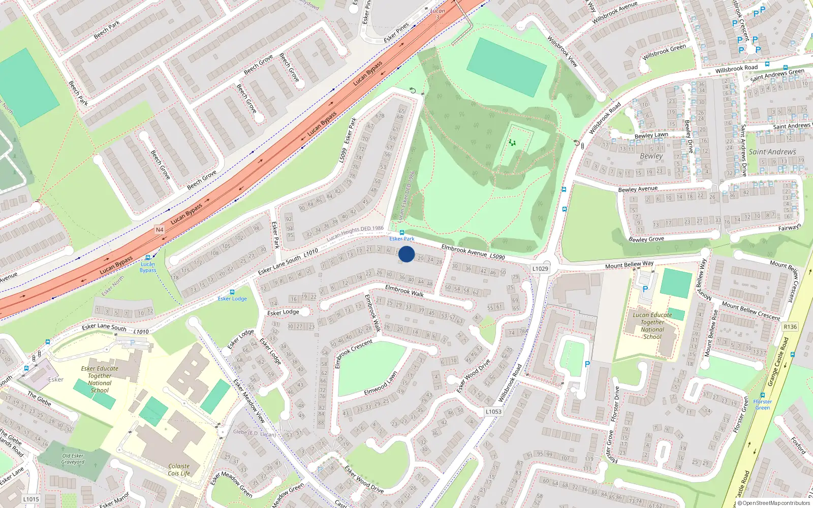 Overhead map showing the location of 14 Elmbrook Avenue, Lucan