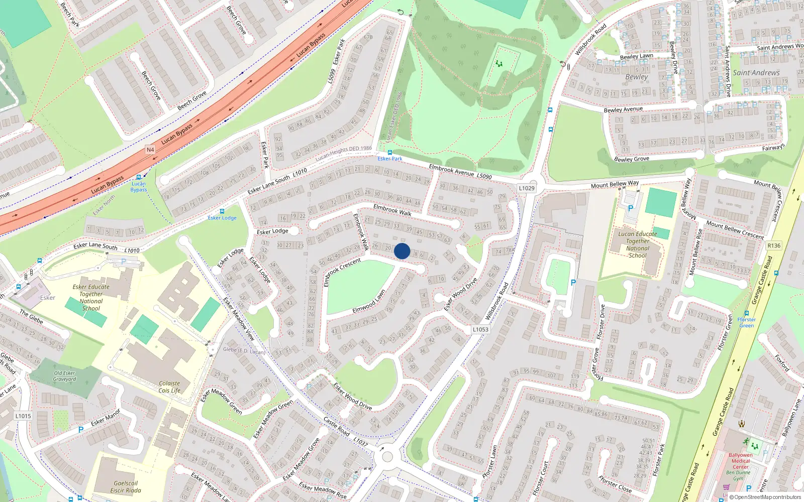 Overhead map showing the location of 14 Elmbrook Crescent, Lucan