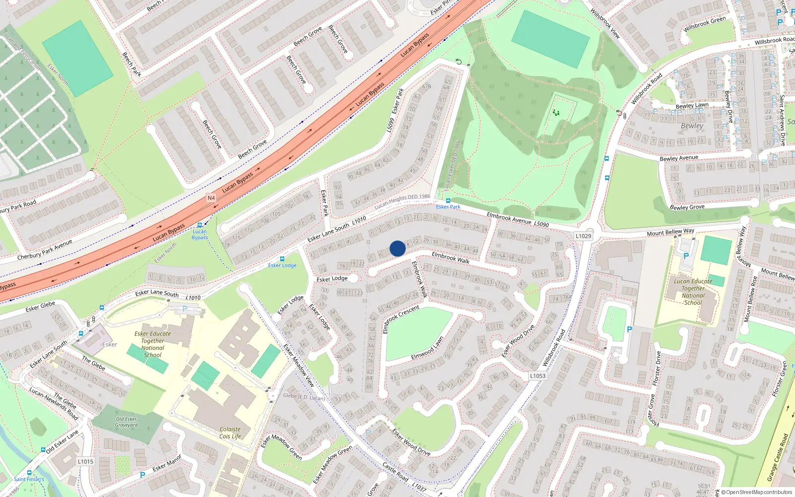 Overhead map showing the location of 14 Elmbrook Walk, Lucan, Dublin