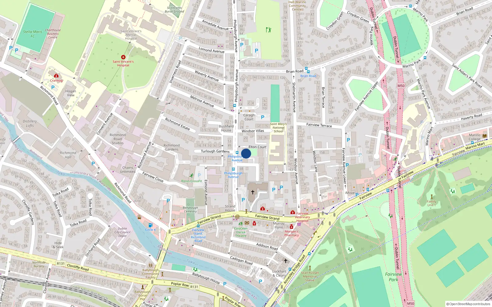 Overhead map showing the location of 14 Elton Court, Philipsburgh Avenue, Fairview Dublin 3