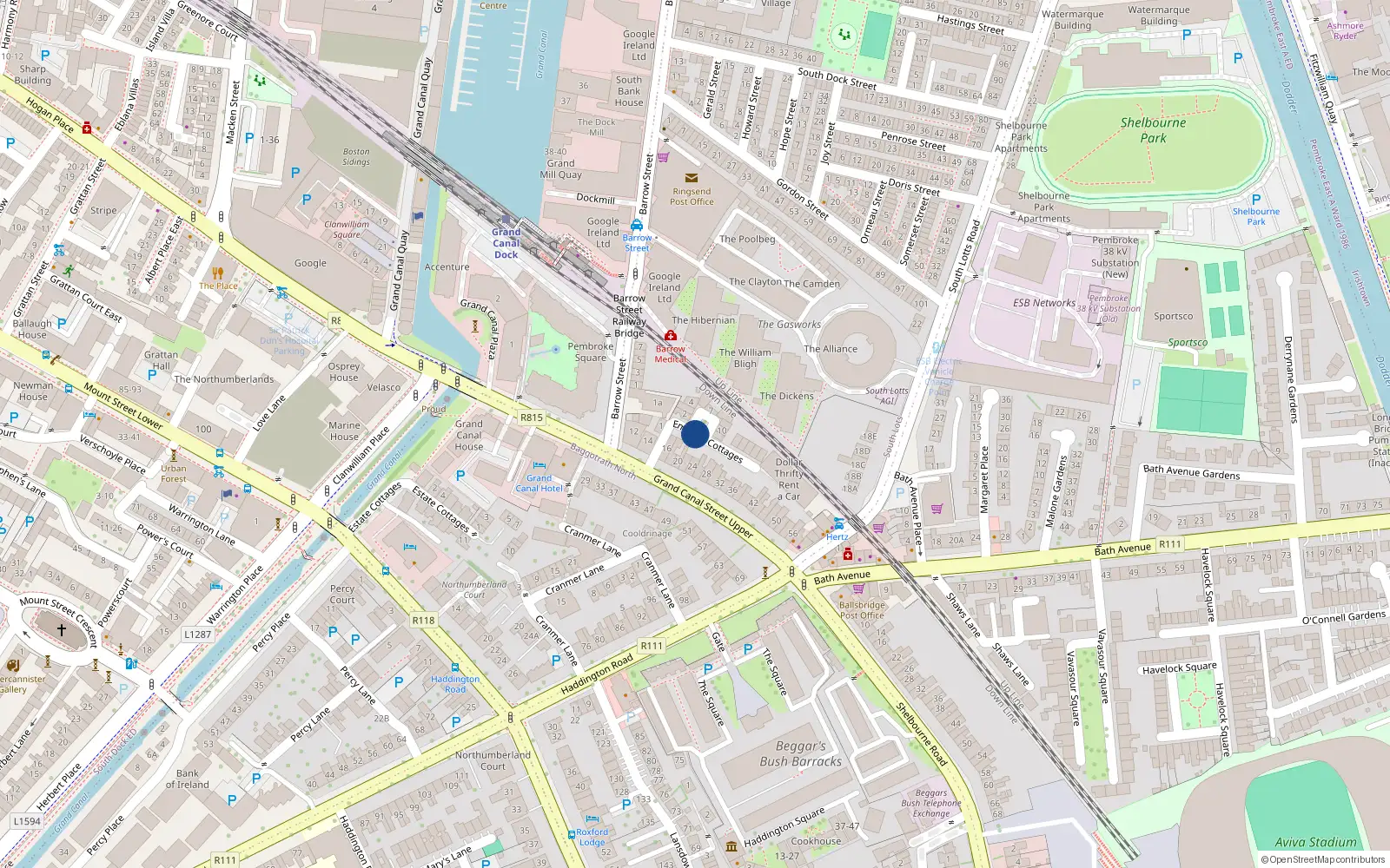 Overhead map showing the location of 14 Emerald Cottages, Dublin 4